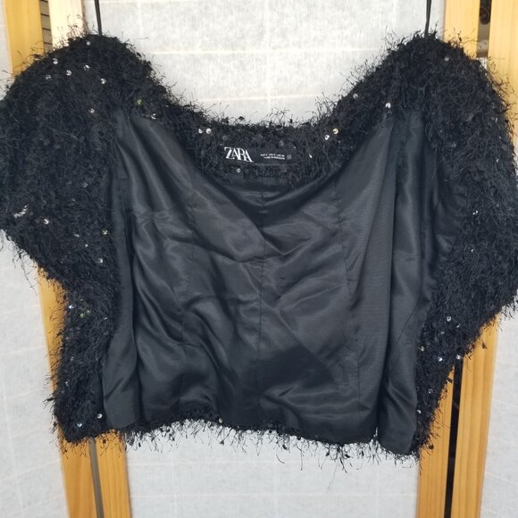 Zara Black Sequined Bustier Top Strapless Button Front Stretch Size Medium - Picture 8 of 14